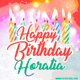 Bright birthday candles with rainbow flames on a cake, alongside the text 'Happy Birthday Horatia' in vibrant script in this celebratory animated GIF.