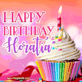 A vibrant birthday GIF featuring a rainbow-colored cupcake topped with white frosting, sprinkles, and a lit candle. The text reads 'Happy Birthday Horatia' in bold pink and violet letters with white outline.