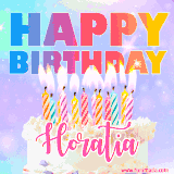 A vibrant animated name GIF with the words 'Happy Birthday Horatia' with colorful candles on a creamy cake. The background sparkles with pastel shades, adding a festive touch.