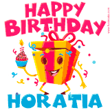 A vibrant and funny gift box character with a happy face dancing with a cupcake and the text 'Happy Birthday Horatia,' surrounded by animated confetti and party vibes.