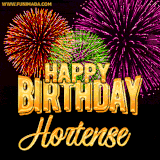 A golden 'Happy Birthday Hortense' message with vibrant fireworks in the background, creating a festive and celebratory vibe in this animated name GIF.