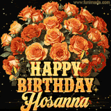 Animated bouquet of orange roses with moving butterfles and golden 'Happy Birthday Hosanna' text, surrounded by sparkling accents and a dark backdrop for a luxurious feel.