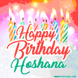 Bright birthday candles with rainbow flames on a cake, alongside the text 'Happy Birthday Hoshana' in vibrant script in this celebratory animated GIF.