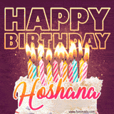 A colorful birthday cake topped with lit candles, with the words 'Happy Birthday Hoshana' in bold glowing letters on a burgundy background. Animated flames add a festive touch.
