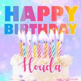 A vibrant animated name GIF with the words 'Happy Birthday Houda' with colorful candles on a creamy cake. The background sparkles with pastel shades, adding a festive touch.