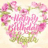 A stunning heart made of pink roses surrounds the elegant script text 'Happy Birthday Houda' on a soft beige background. Animated sparkles add a magical and festive feel.