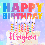 A vibrant animated name GIF with the words 'Happy Birthday Hreghen' with colorful candles on a creamy cake. The background sparkles with pastel shades, adding a festive touch.