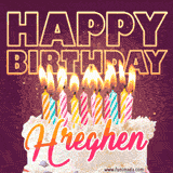 A colorful birthday cake topped with lit candles, with the words 'Happy Birthday Hreghen' in bold glowing letters on a burgundy background. Animated flames add a festive touch.