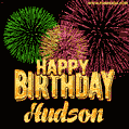 Wishing You A Happy Birthday, Hudson! Best fireworks GIF animated greeting card.