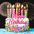 Amazing Animated GIF Image for Huey with Birthday Cake and Fireworks