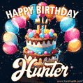 Hand-drawn happy birthday cake adorned with an arch of colorful balloons - name GIF for Hunter