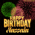 Wishing You A Happy Birthday, Hussain! Best fireworks GIF animated greeting card.