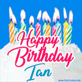 A cheerful animated GIF featuring colorful lit birthday candles on a white cake, with the text 'Happy Birthday Ian' in bold red and blue script on a bright blue background.