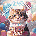 Happy birthday gif for Ian with cat and cake