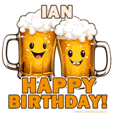 Animated GIF with name Ian featuring two smiling beer mugs with frothy tops, toasting in celebration. The text reads 'Ian, Happy Birthday!' in bold letters.