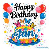 Cheerful animated birthday greeting with a custom nameplate for Ian, featuring balloons, hearts, and butterflies.