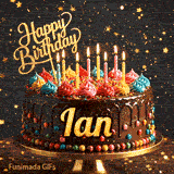 Multicolored frosting swirls and burning birthday candles on a chocolate cake with gold lettering spelling Ian.