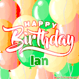 Animated GIF featuring colorful balloons in the background with the cheerful text 'Happy Birthday Ian'.