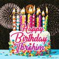 Amazing Animated GIF Image for Ibrohim with Birthday Cake and Fireworks
