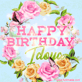 A charming animated GIF featuring 'Happy Birthday Idoya' in pink and green text, surrounded by delicate roses, leaves, and fluttering butterflies on a soft light blue pastel background.