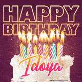 A colorful birthday cake topped with lit candles, with the words 'Happy Birthday Idoya' in bold glowing letters on a burgundy background. Animated flames add a festive touch.