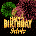 Wishing You A Happy Birthday, Idris! Best fireworks GIF animated greeting card.