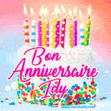 A white birthday cake covered in colorful sprinkles, topped with bright candles, and French text 'Bon Anniversaire Idy' on a pastel gradient background in an animated GIF.