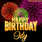 A golden 'Happy Birthday Idy' message with vibrant fireworks in the background, creating a festive and celebratory vibe in this animated name GIF.