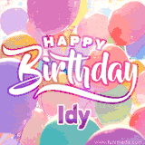 A vibrant name GIF featuring colorful balloons in shades of pink, orange, and yellow with the bold text 'Happy Birthday Idy' in festive fonts, creating a lively birthday vibe.