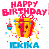 A vibrant and funny gift box character with a happy face dancing with a cupcake and the text 'Happy Birthday Iekika,' surrounded by animated confetti and party vibes.