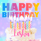 A vibrant animated name GIF with the words 'Happy Birthday Iesha' with colorful candles on a creamy cake. The background sparkles with pastel shades, adding a festive touch.