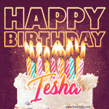 A colorful birthday cake topped with lit candles, with the words 'Happy Birthday Iesha' in bold glowing letters on a burgundy background. Animated flames add a festive touch.