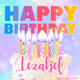A vibrant animated name GIF with the words 'Happy Birthday Iezabel' with colorful candles on a creamy cake. The background sparkles with pastel shades, adding a festive touch.