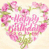 A stunning heart made of pink roses surrounds the elegant script text 'Happy Birthday Ige' on a soft beige background. Animated sparkles add a magical and festive feel.