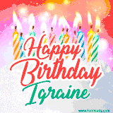 Bright birthday candles with rainbow flames on a cake, alongside the text 'Happy Birthday Igraine' in vibrant script in this celebratory animated GIF.