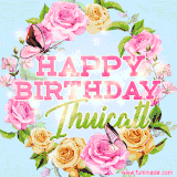 A charming animated GIF featuring 'Happy Birthday Ihuicatl' in pink and green text, surrounded by delicate roses, leaves, and fluttering butterflies on a soft light blue pastel background.