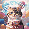 Happy birthday gif for Iker with cat and cake