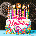 Amazing Animated GIF Image for Ilia with Birthday Cake and Fireworks