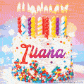 Personalized for Iliana elegant birthday cake adorned with rainbow sprinkles, colorful candles and glitter