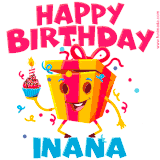 A vibrant and funny gift box character with a happy face dancing with a cupcake and the text 'Happy Birthday Inana,' surrounded by animated confetti and party vibes.