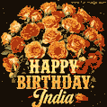 Beautiful bouquet of orange and red roses for India, golden inscription and twinkling stars