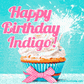 Happy Birthday Indigo! Elegang Sparkling Cupcake GIF Image.