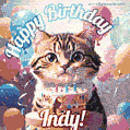 Happy birthday gif for Indy with cat and cake