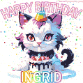 Cute cosmic cat with a birthday cake for Ingrid surrounded by a shimmering array of rainbow stars