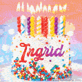 Personalized for Ingrid elegant birthday cake adorned with rainbow sprinkles, colorful candles and glitter