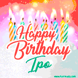 Bright birthday candles with rainbow flames on a cake, alongside the text 'Happy Birthday Ipo' in vibrant script in this celebratory animated GIF.