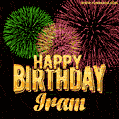 Wishing You A Happy Birthday, Iram! Best fireworks GIF animated greeting card.