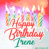 Bright birthday candles with rainbow flames on a cake, alongside the text 'Happy Birthday Irene' in vibrant script in this celebratory animated GIF.