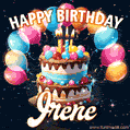 Hand-drawn happy birthday cake adorned with an arch of colorful balloons - name GIF for Irene