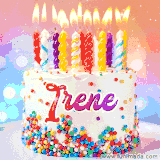 A cheerful white birthday cake with multicolor sprinkles, lit candles, and 'Irene' written in vibrant letters, in an animated GIF.
